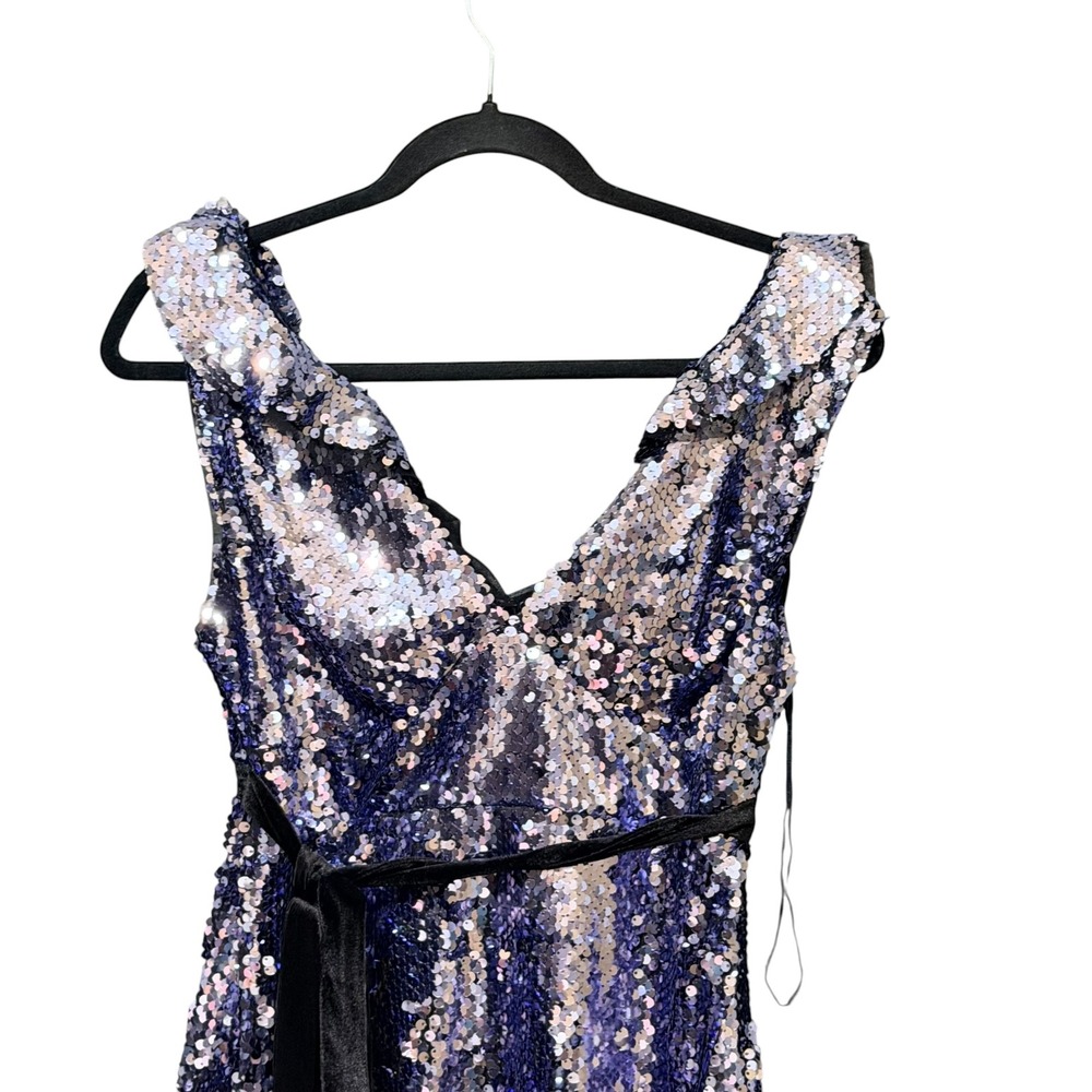 Free People Silver Blue Sequin Mini Dress V-Neck Open Back Ruffle Size 0 NEW - Picture 4 of 8